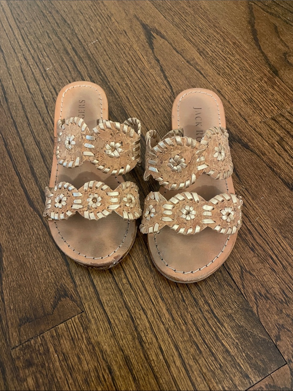 Jack Rogers Tan Leather Double-Strap Slide Sandals with Gold Detailing